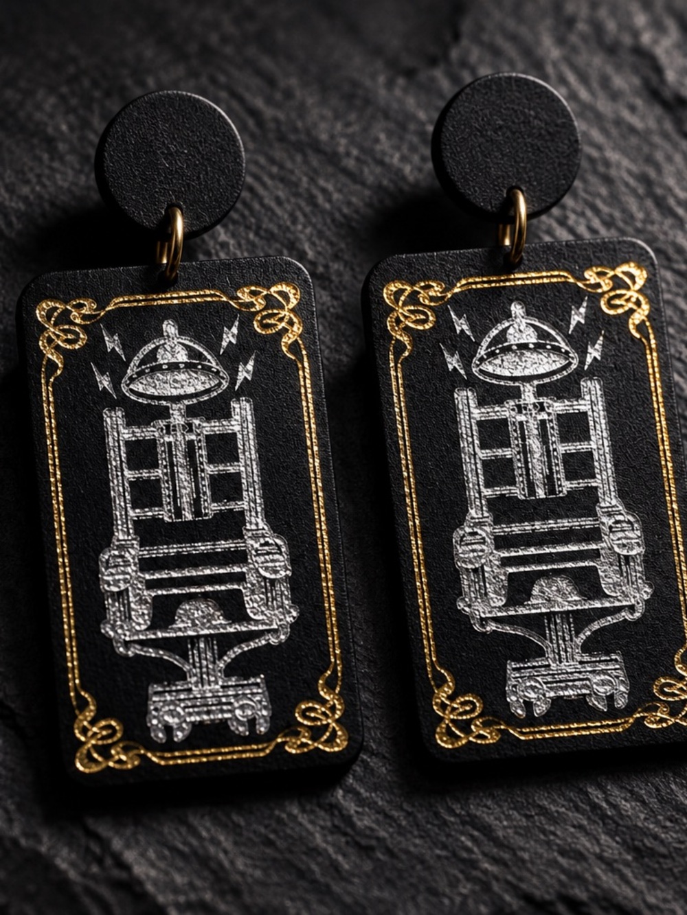 Black and Gold Electric Chair Design Earrings - Brand Unknown